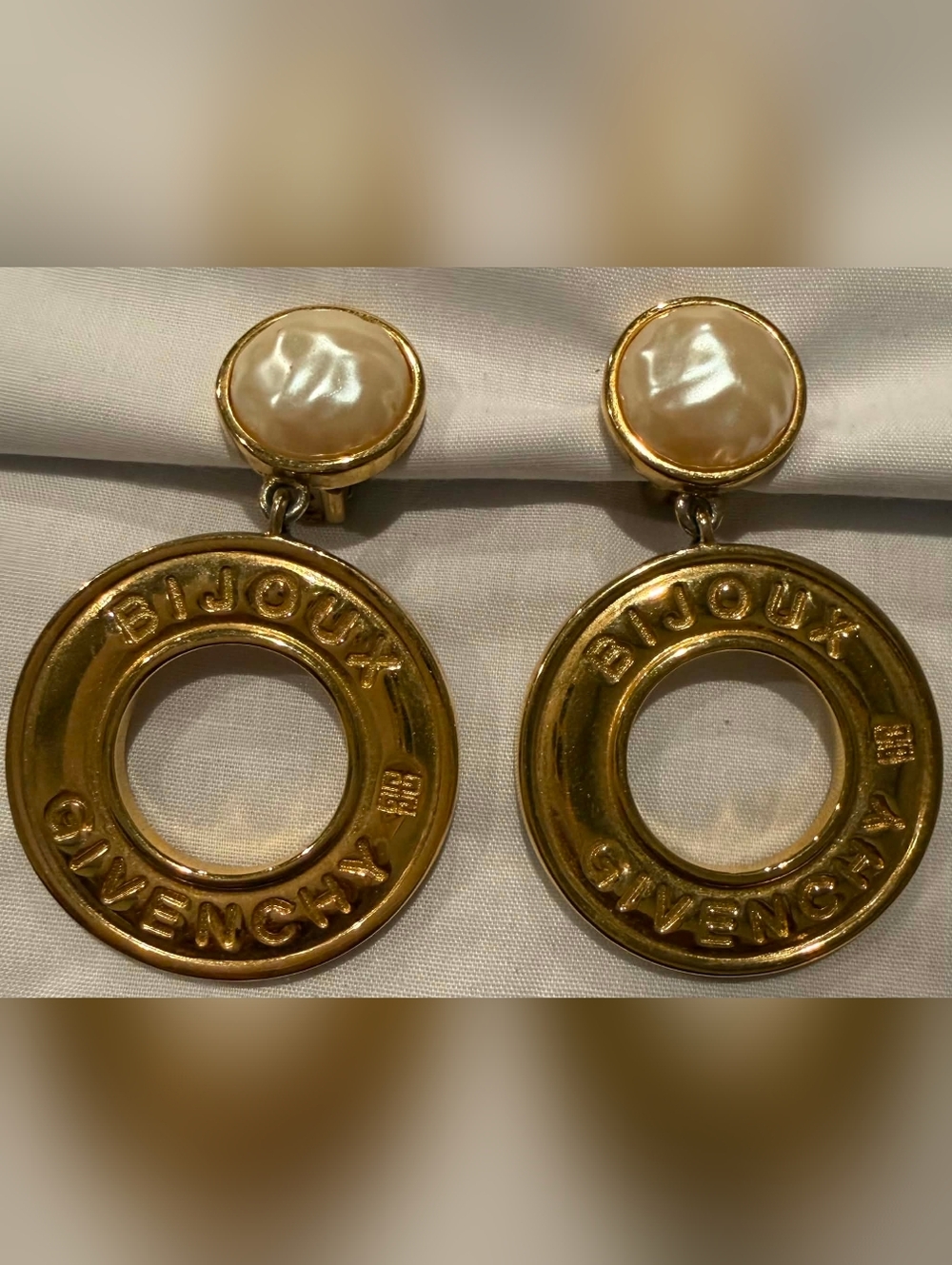 Givenchy Gold and Pearl Logo Hoop Drop Earrings